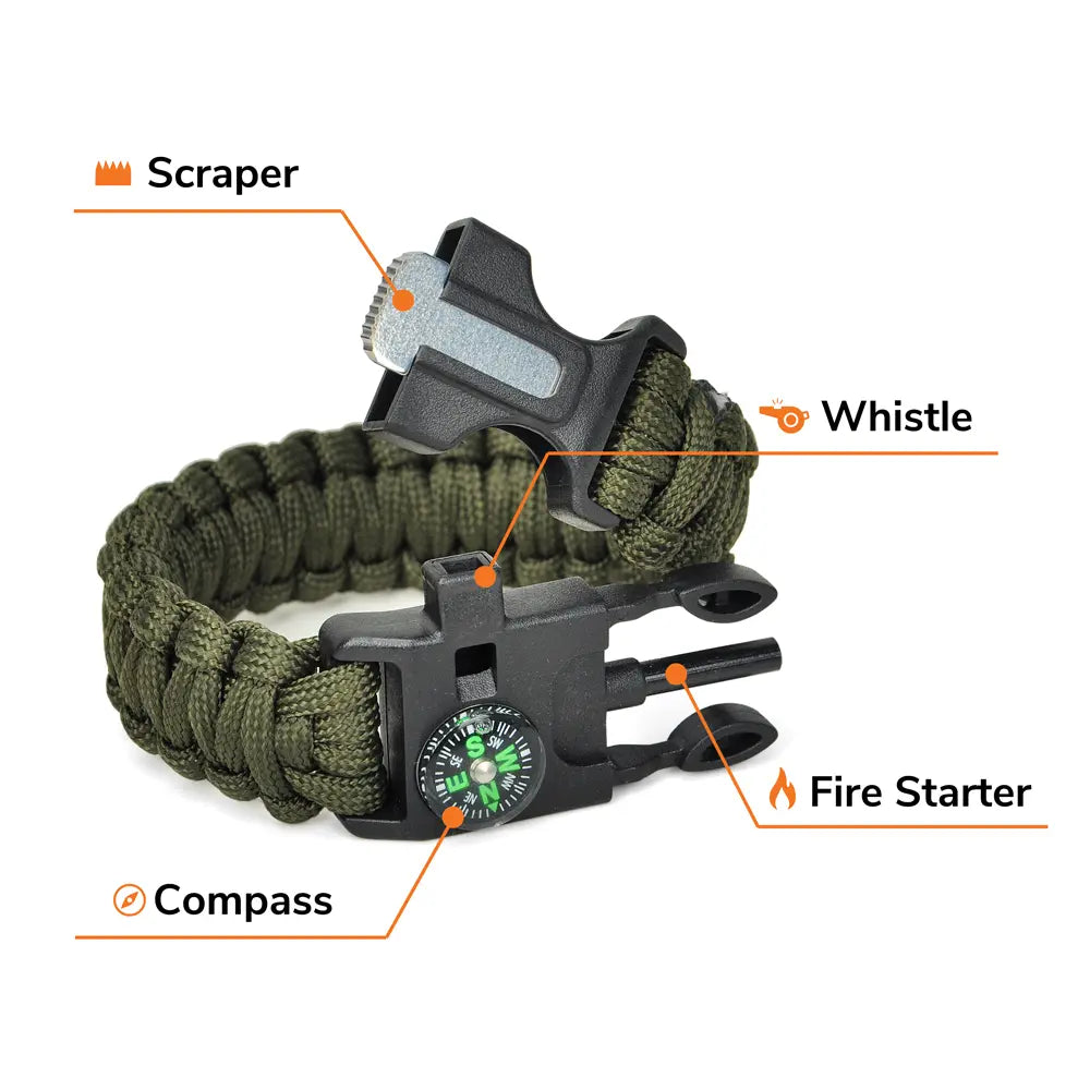 Tactical Wrist Band With Flint, Compass & Whistle